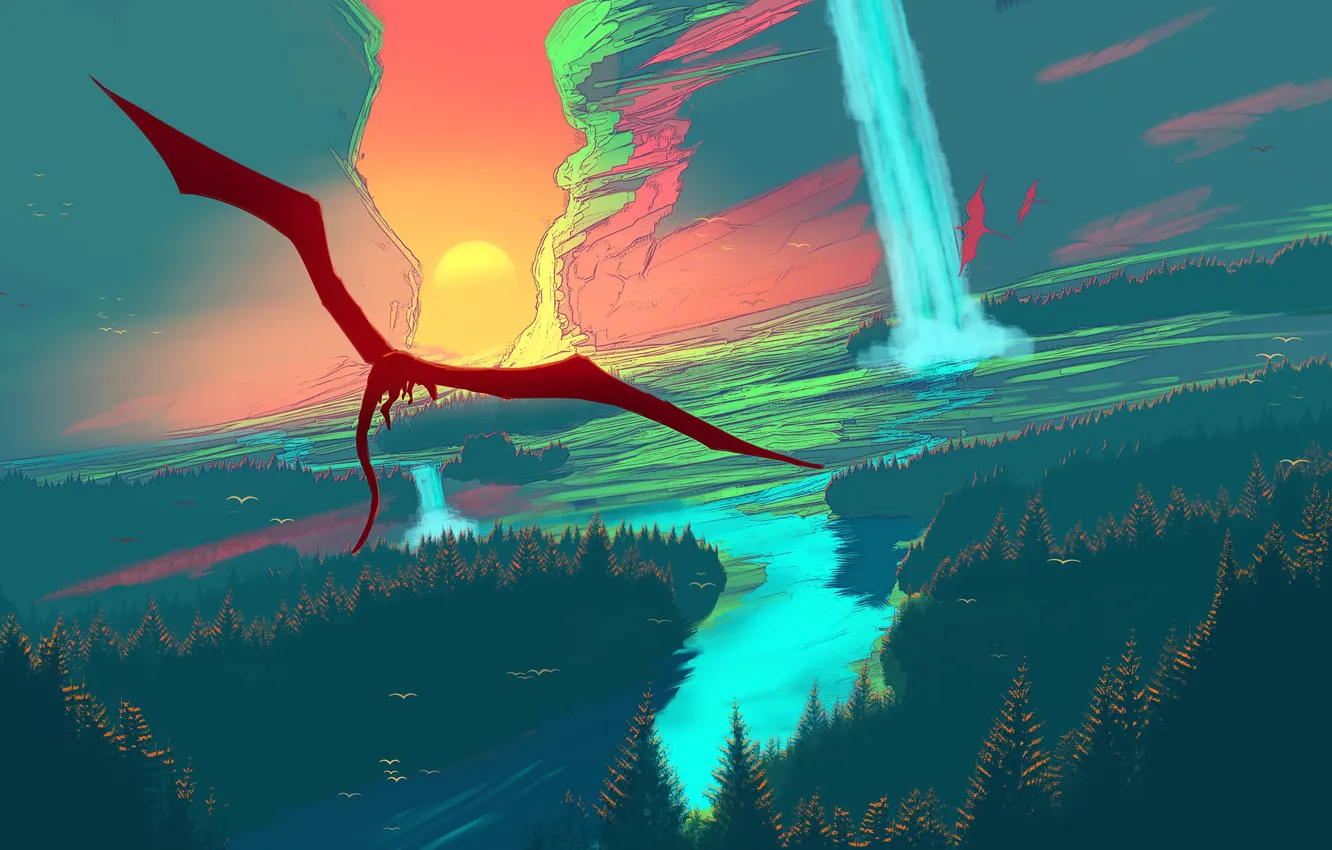 Photo wallpaper fantasy, forest, river, trees, landscape, sunset, waterfall, dragon