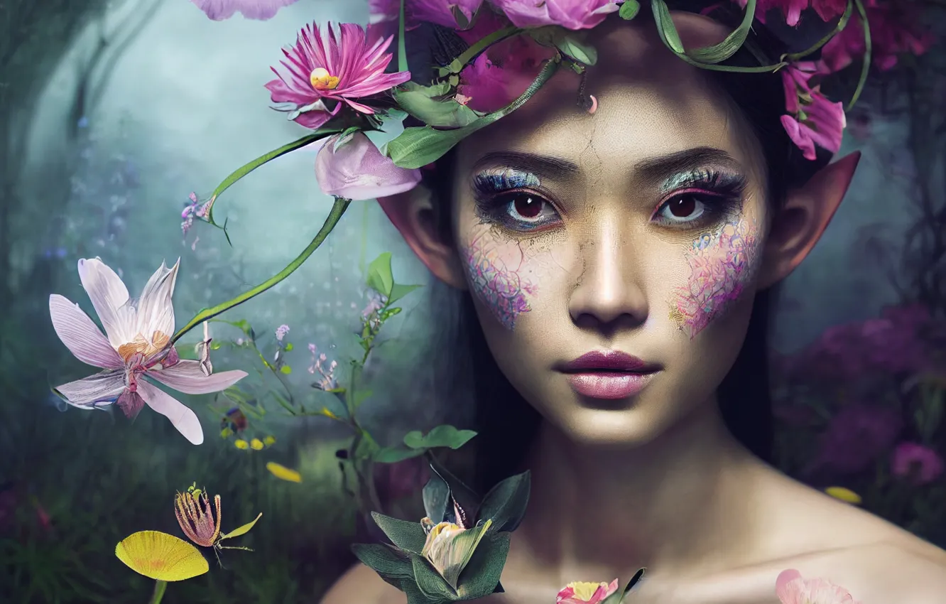 Photo wallpaper look, leaves, girl, flowers, nature, face, rendering, graphics