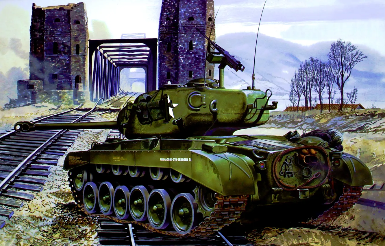 Photo wallpaper war, art, painting, tank, ww2, M26 Pershing