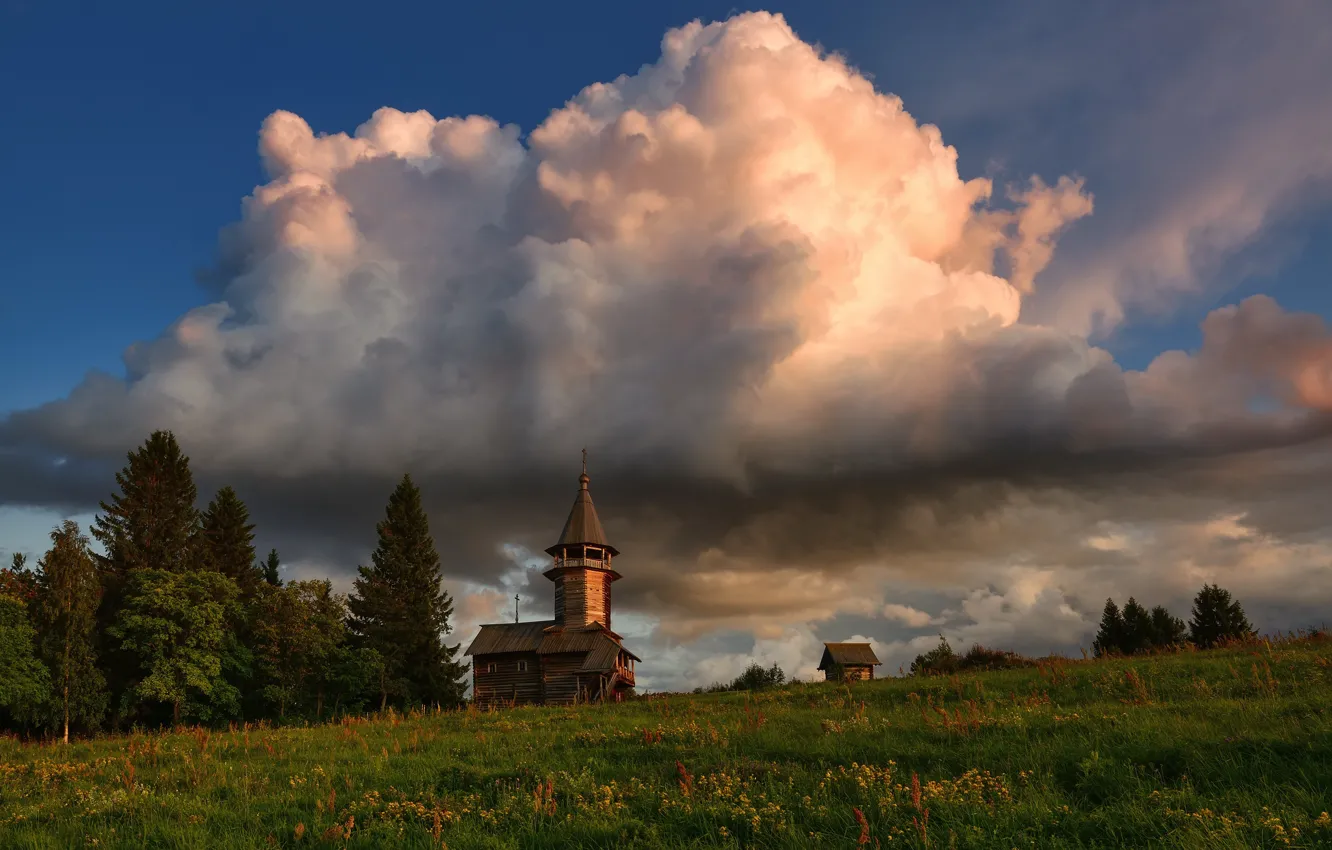 Photo wallpaper grass, clouds, trees, landscape, clouds, nature, Kizhi, Church