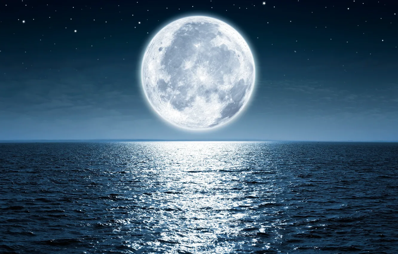 Photo wallpaper moon, ocean, water, night