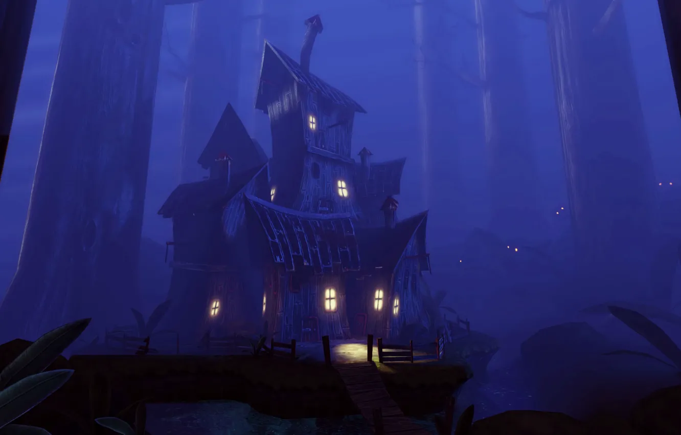 Photo wallpaper roof, trees, night, the fence, home, window, windows, trees