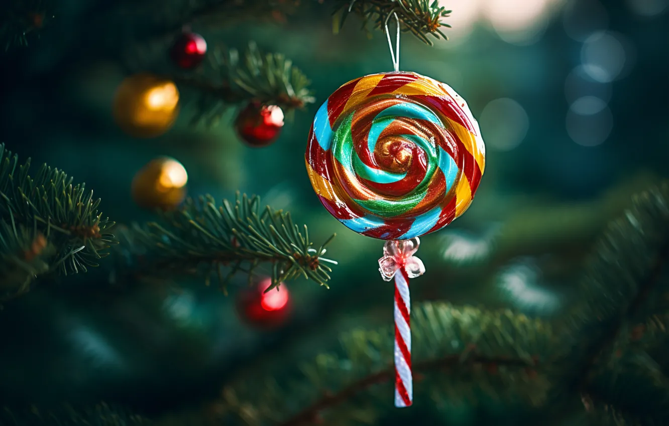 Photo wallpaper balls, branches, toy, new year, Christmas, candy, lollipops, needles