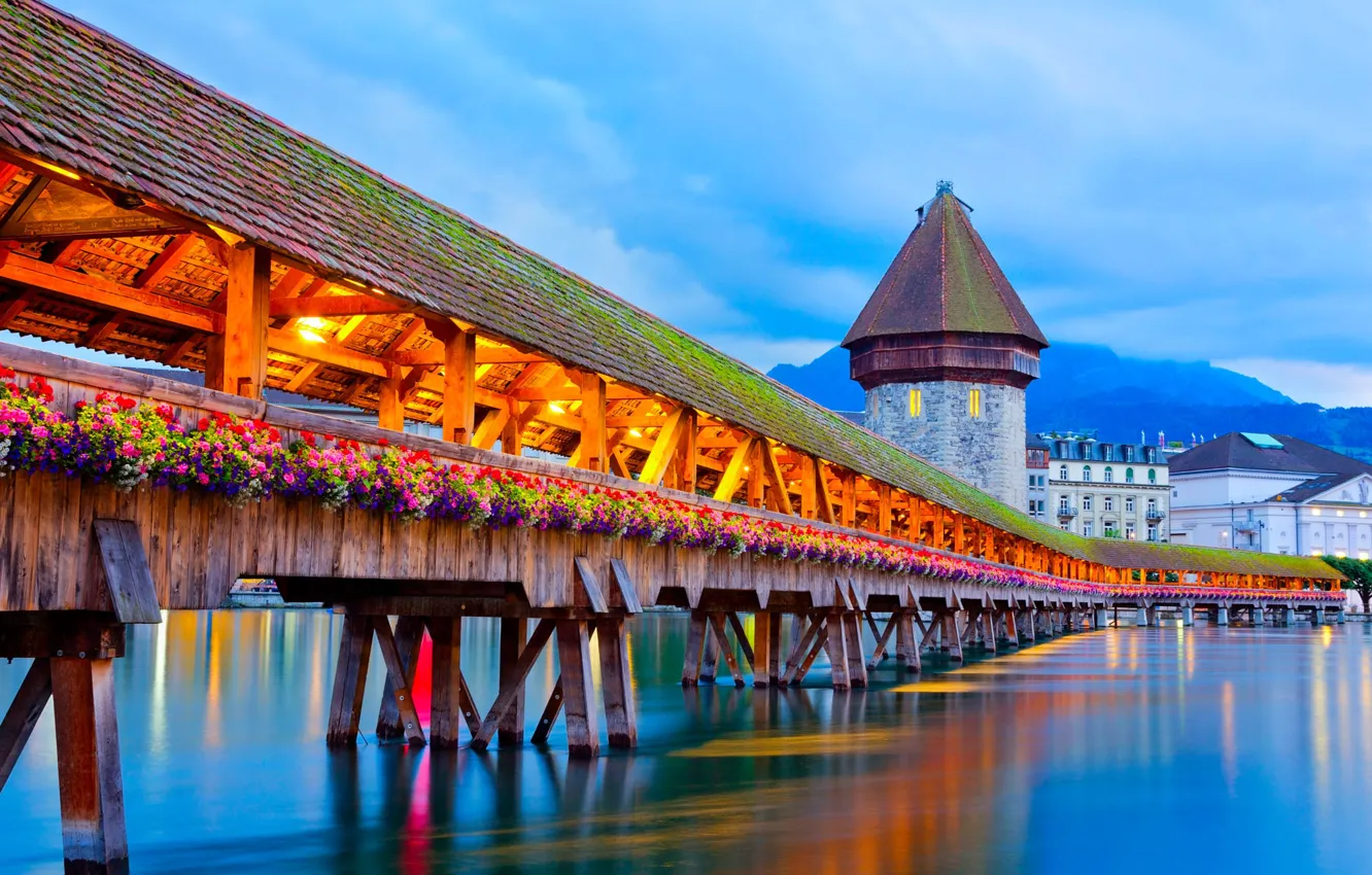 Photo wallpaper flowers, bridge, the city, lake, mountain, home, the evening, Switzerland