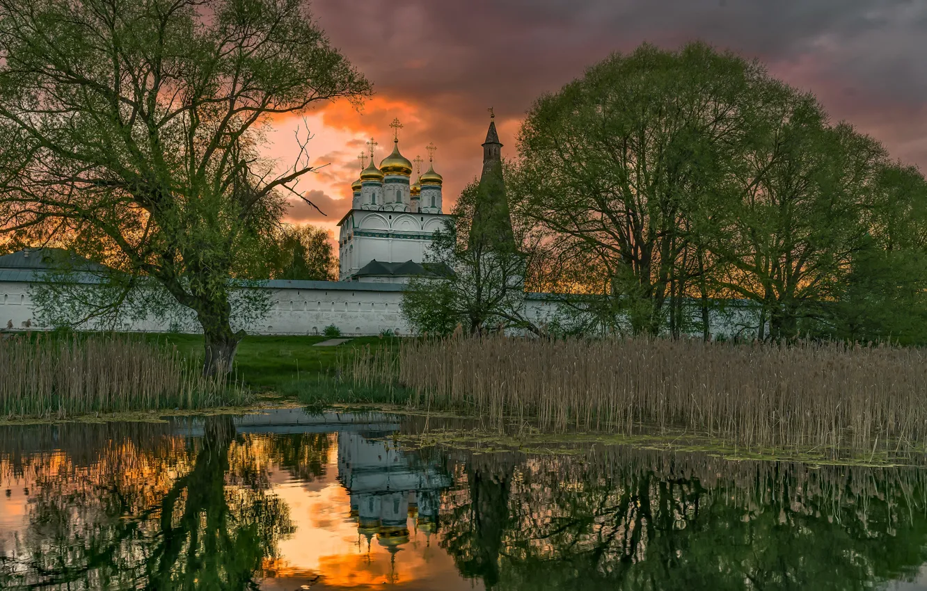 Photo wallpaper trees, sunset, lake, reflection, wall, tower, reed, Church