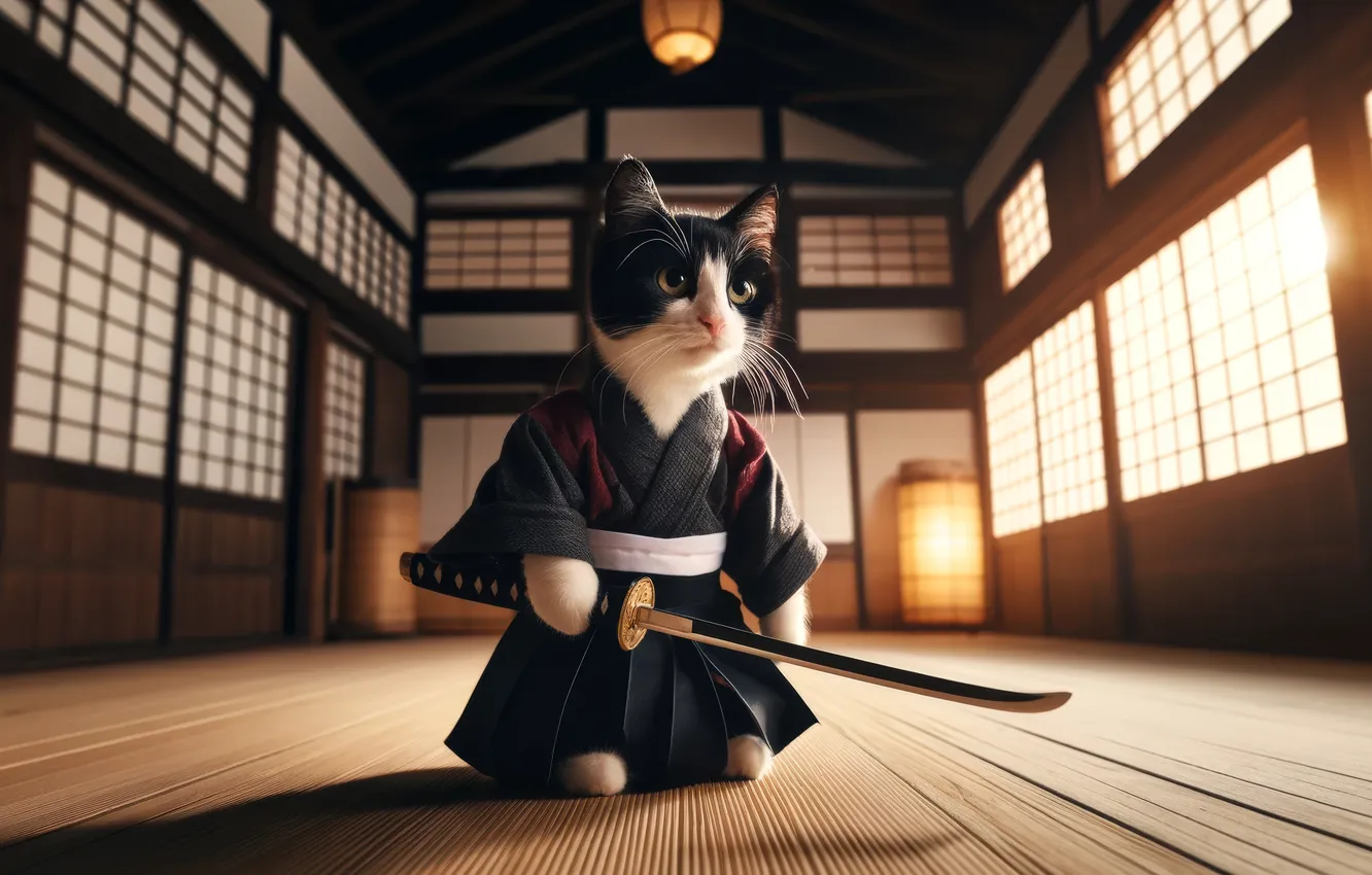 Photo wallpaper sword, cats, samurai, Dojo, AI Art