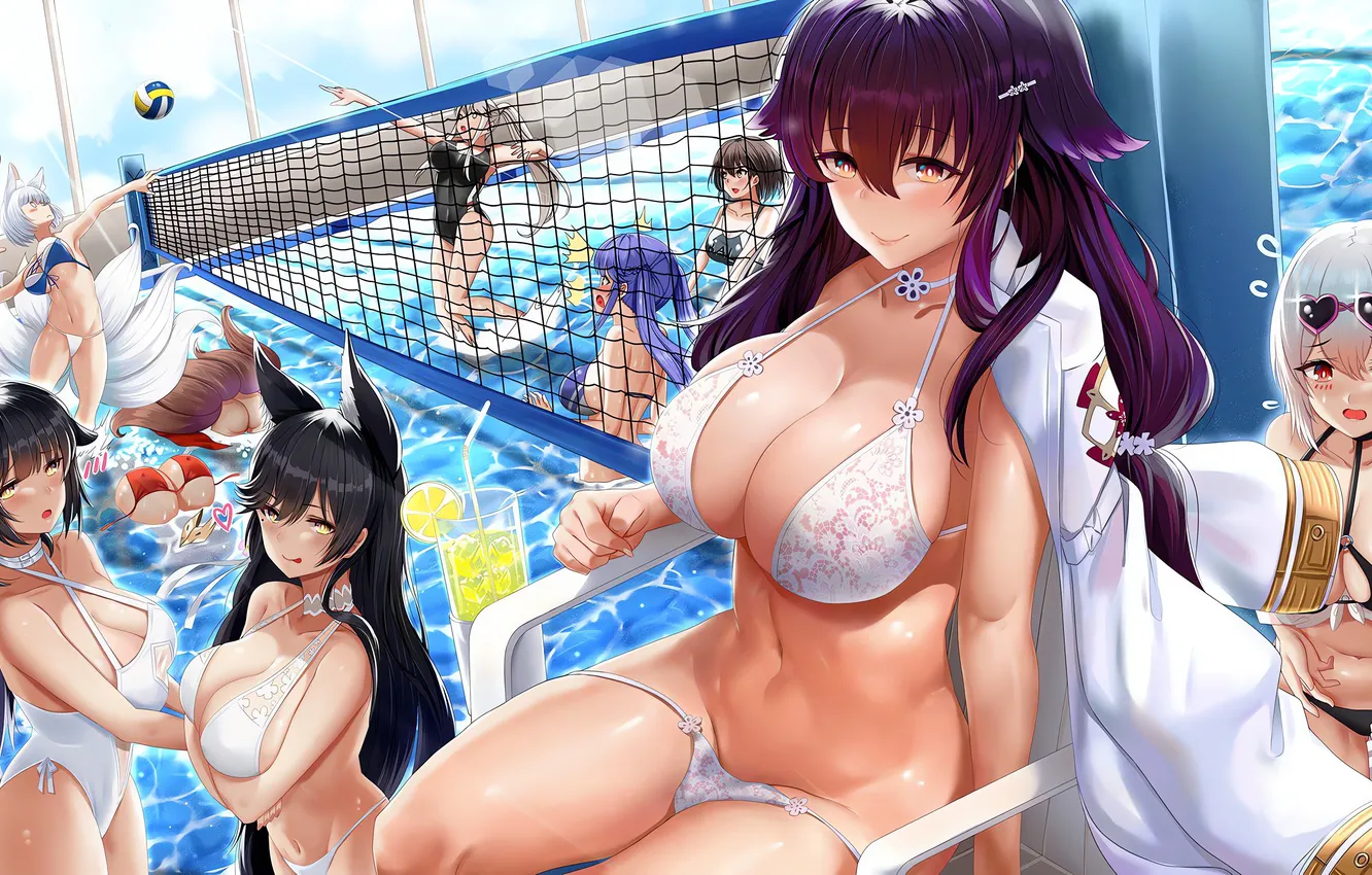 Photo wallpaper sexy, pool, cleavage, long hair, legs, girls, brown hair, boobs
