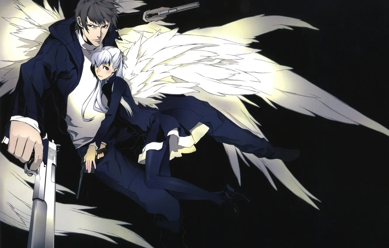 Photo wallpaper girl, gun, weapons, wings, anime, art, guy, miwa shirow