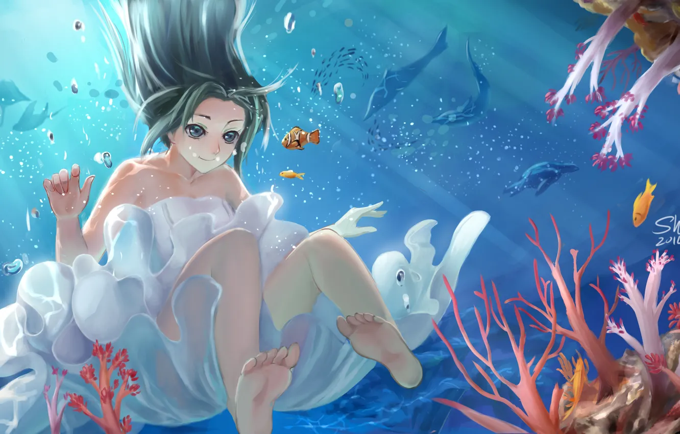 Photo wallpaper girl, fish, smile, bubbles, anime, art, under water, shon