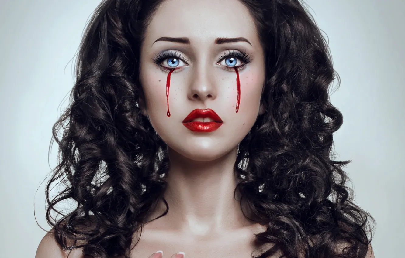 Photo wallpaper look, girl, eyelashes, blood, blue eyes, curls, ponytail