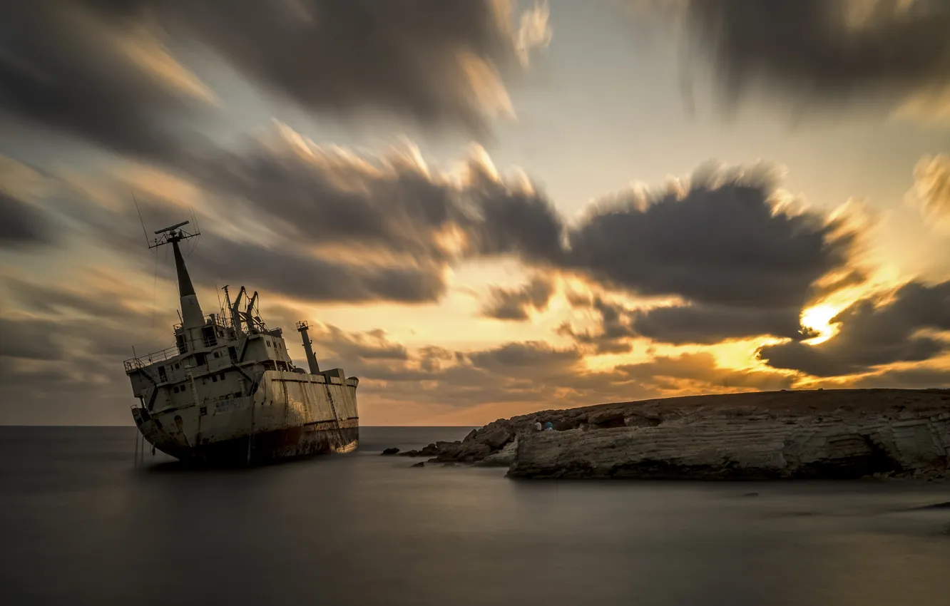 Photo wallpaper sea, night, ship