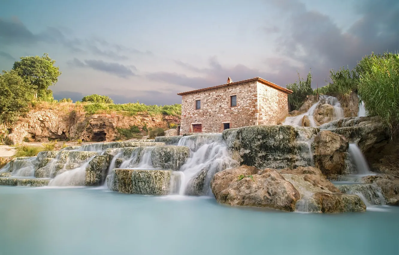 Photo wallpaper nature, waterfall, Italy, house, Italy, Saturnia, Saturnia