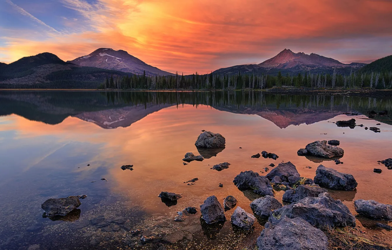 Photo wallpaper landscape, sunset, mountains, lake