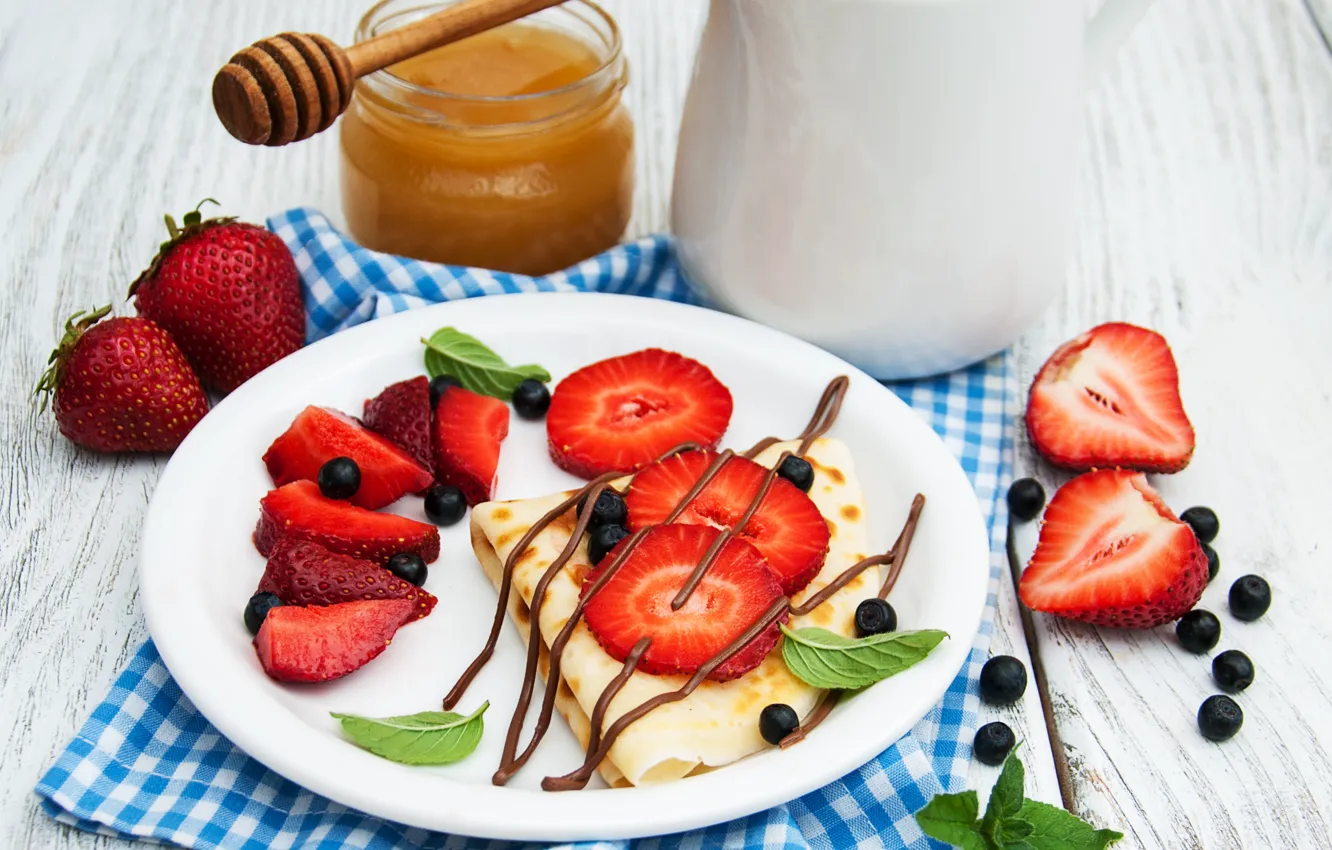Photo wallpaper chocolate, blueberries, strawberry, honey, pancakes, Olena Rudo