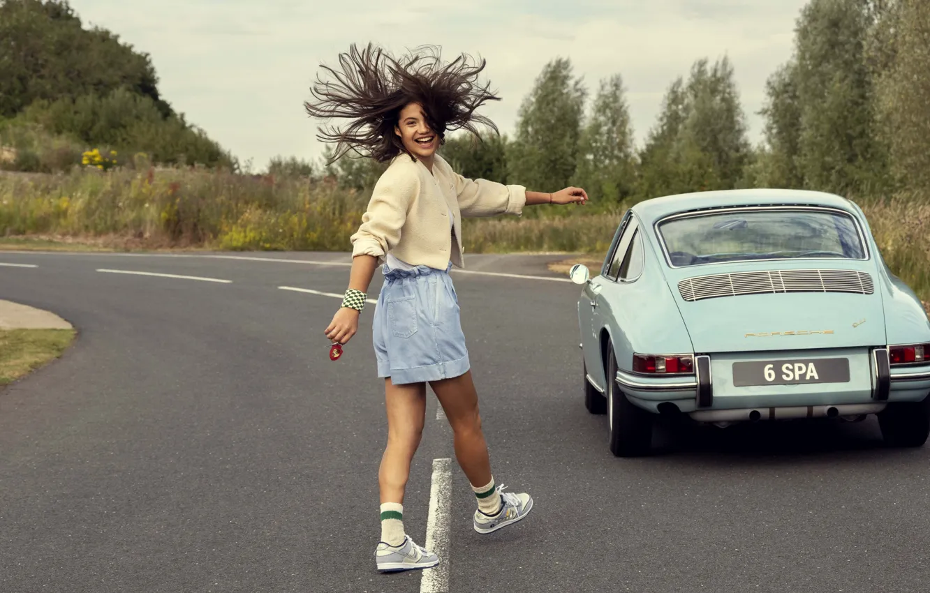 Photo wallpaper car, girl, road, smile, cutie, professional tennis player, Brand ambassador, Emma Raducanu