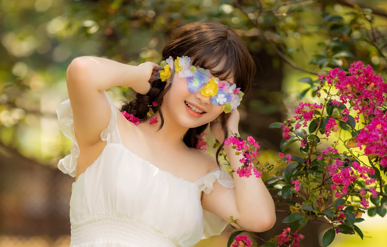 Wallpaper Summer Girl Flowers Nature Face Pose Garden Mask For