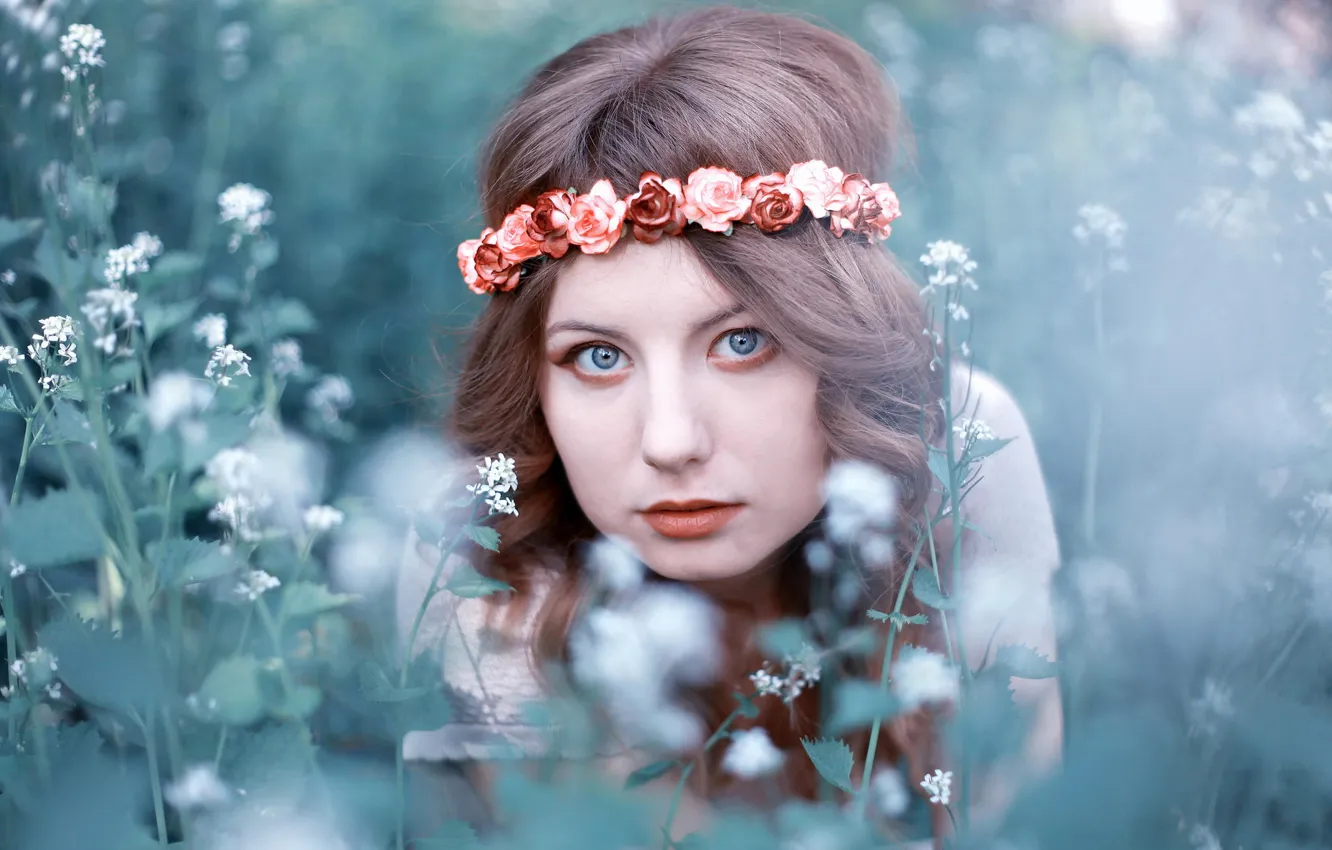 Photo wallpaper summer, grass, look, girl, flowers, face, brown hair, wreath