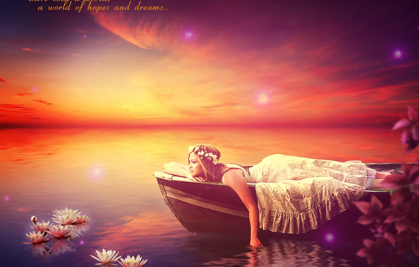 Photo wallpaper water, girl, flowers, boat, EsotericIllusion