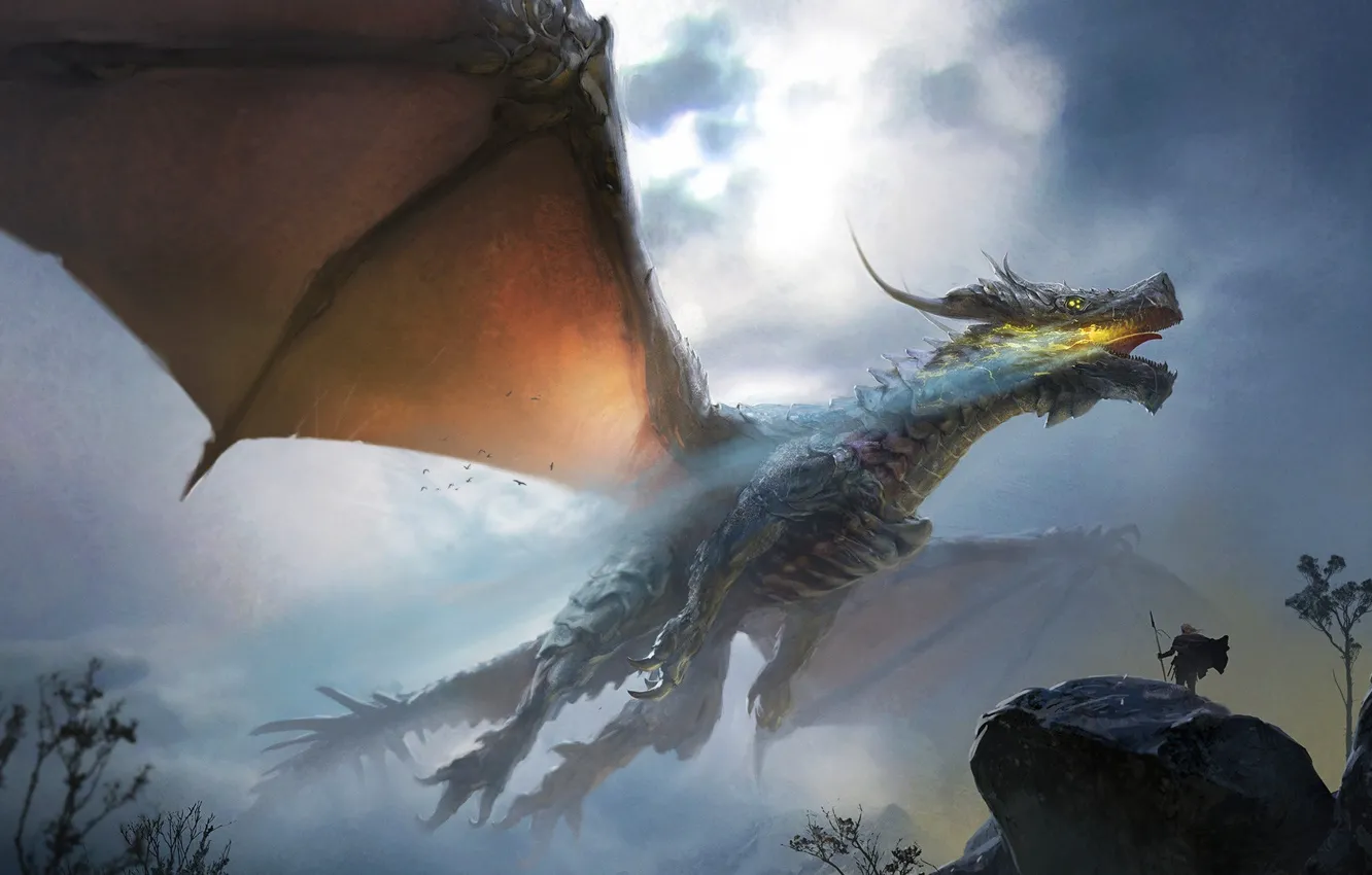 Photo wallpaper the sky, flight, dragon, people, wings, power, fantasy, art