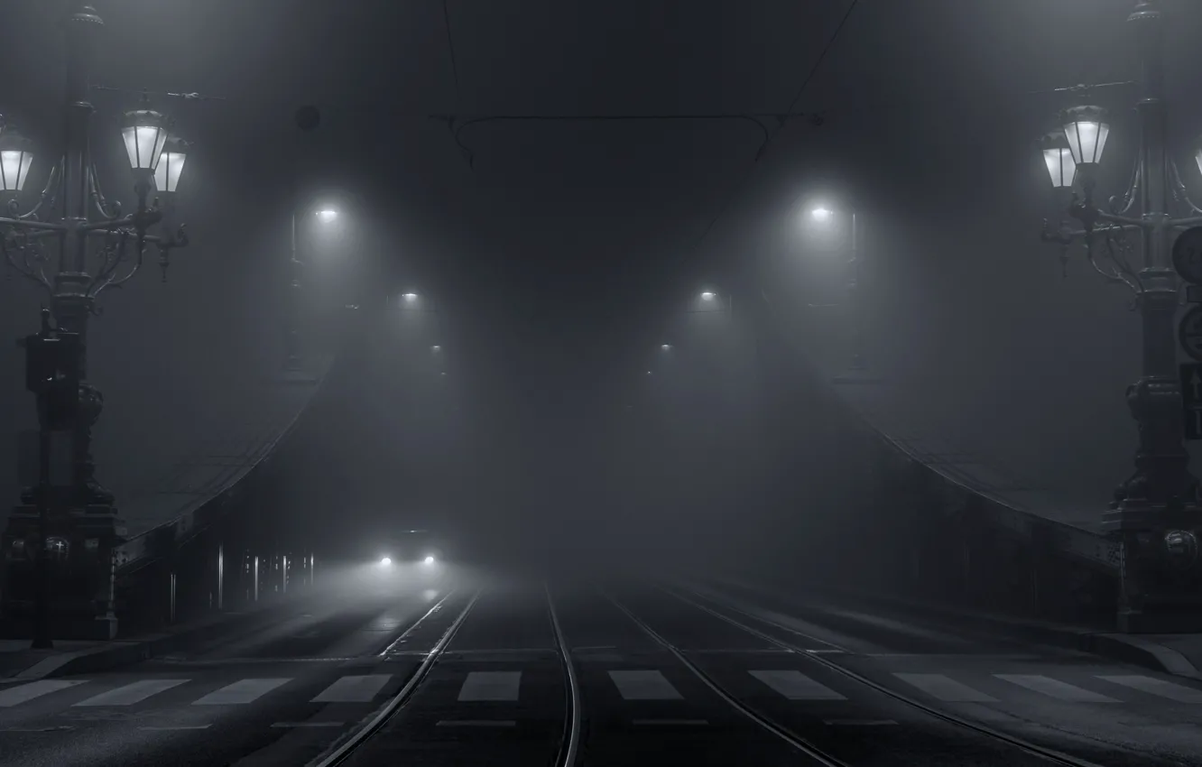 Photo wallpaper machine, light, bridge, the city, lights, fog, black and white photo