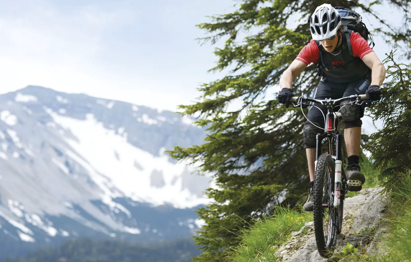 Photo wallpaper mountains, athlete, mountain bike