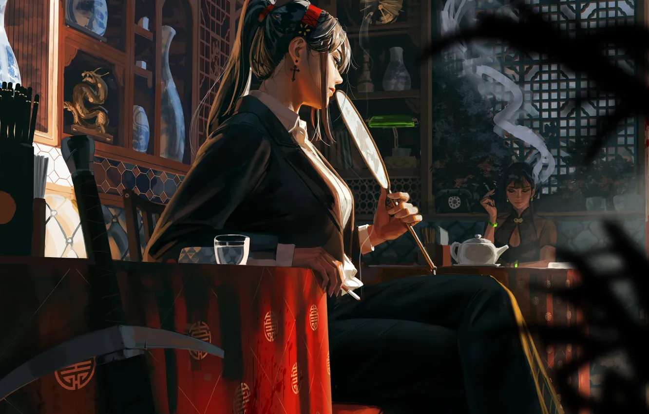 Photo wallpaper sword, fantasy, smoking, smoke, girls, leaves, interior, digital art