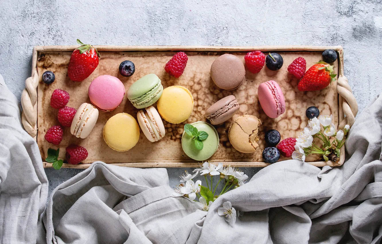Photo wallpaper berries, colorful, strawberry, fruit, strawberry, berries, macaroons, macaron
