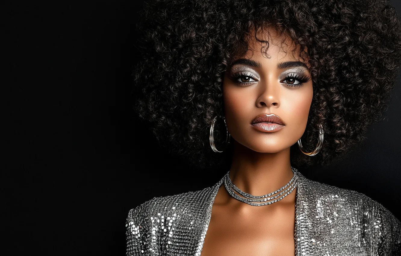 Photo wallpaper girl, decoration, portrait, makeup, chain, black background, curls, black