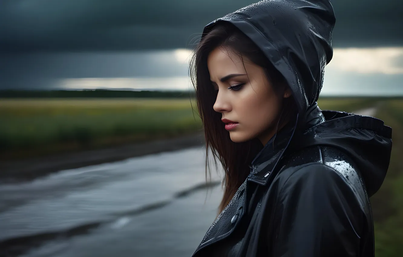 Photo wallpaper road, look, girl, rain, portrait, hood, cloak, AI art