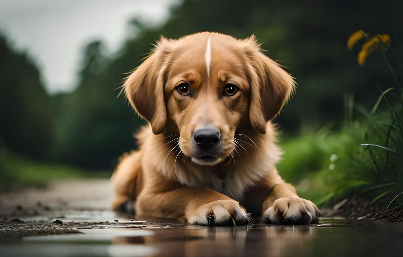 Photo wallpaper look, face, dog, Retriever, digital art, AI art, The Art of Artificial Intelligence, neural network