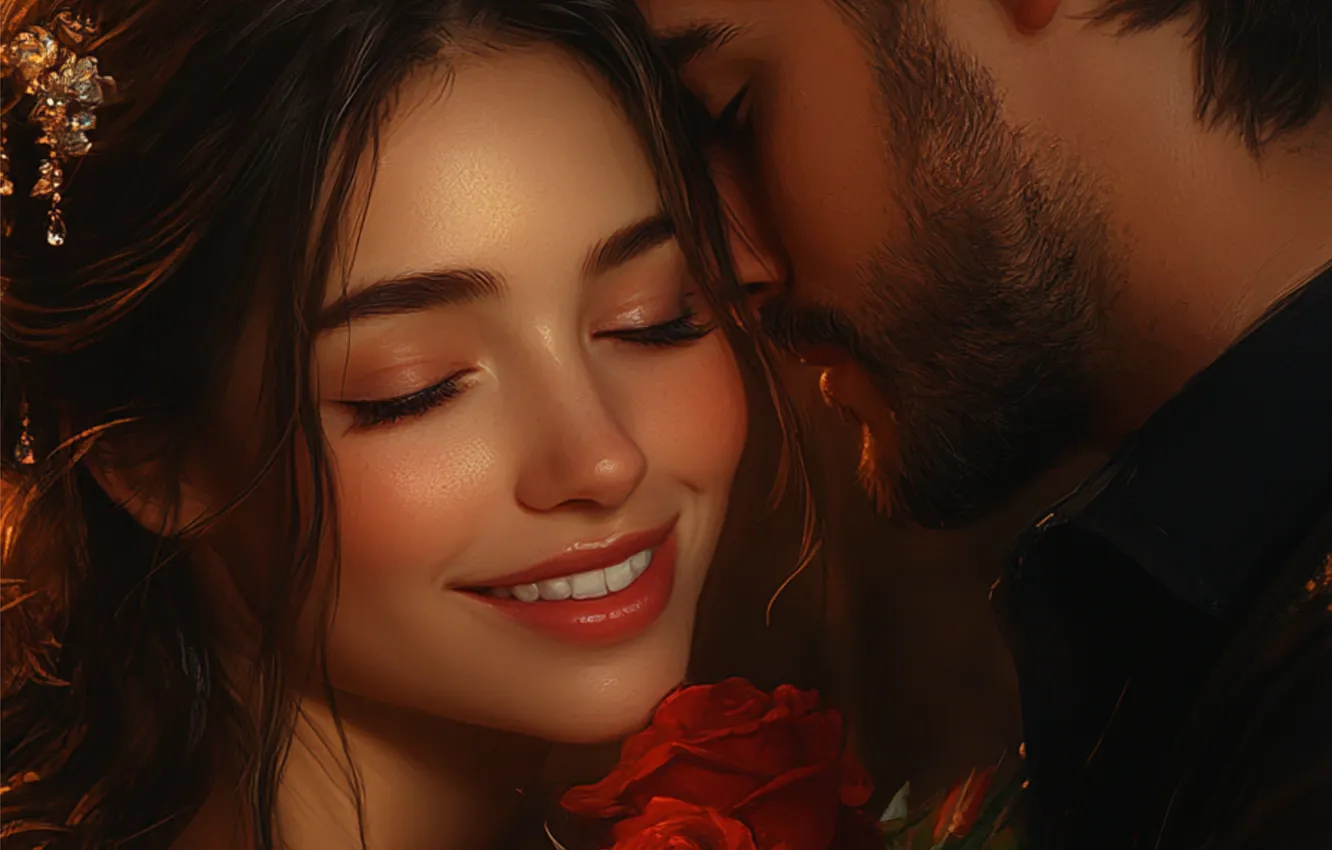 Photo wallpaper girl, light, love, happiness, flowers, smile, roses, bouquet