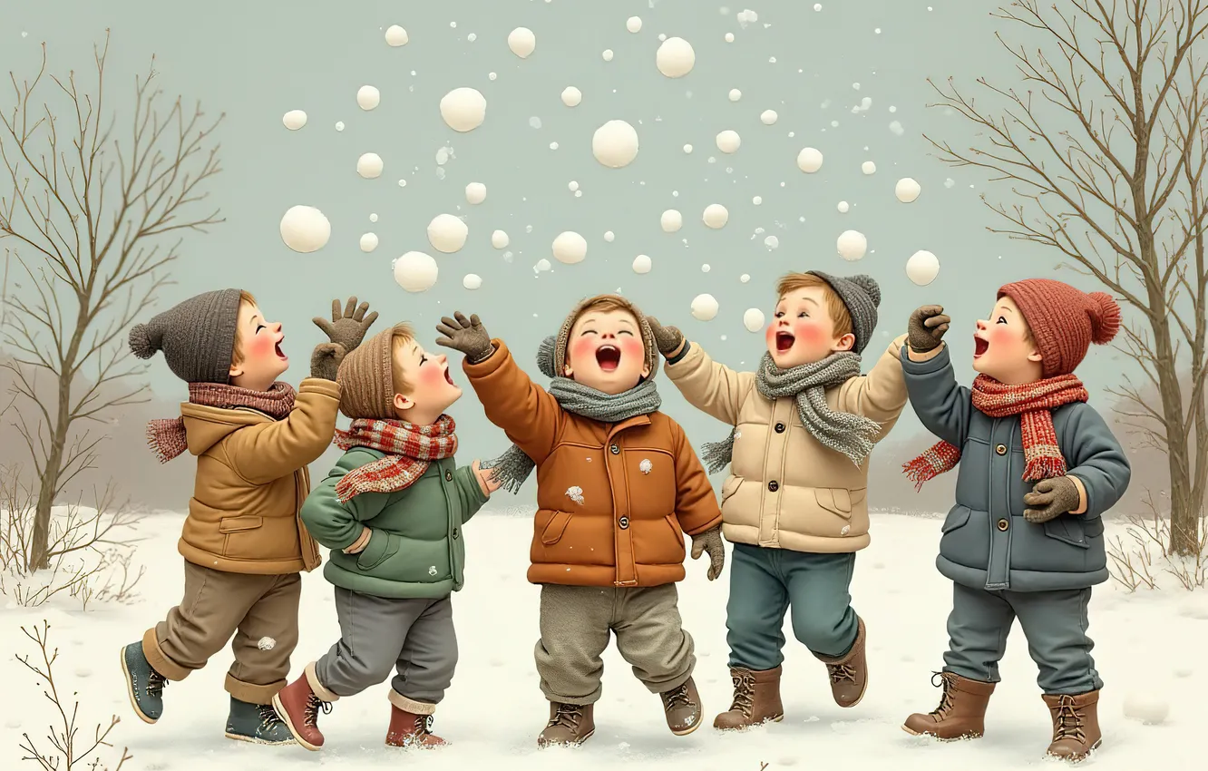 Photo wallpaper winter, snow, trees, joy, nature, children, childhood, pose