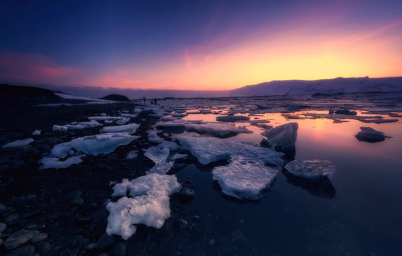 Photo wallpaper ice, winter, the sky, sunset, mountains, shore, people, the evening