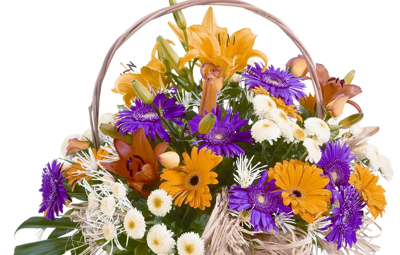 Photo wallpaper basket, Lily, bouquet, gerbera