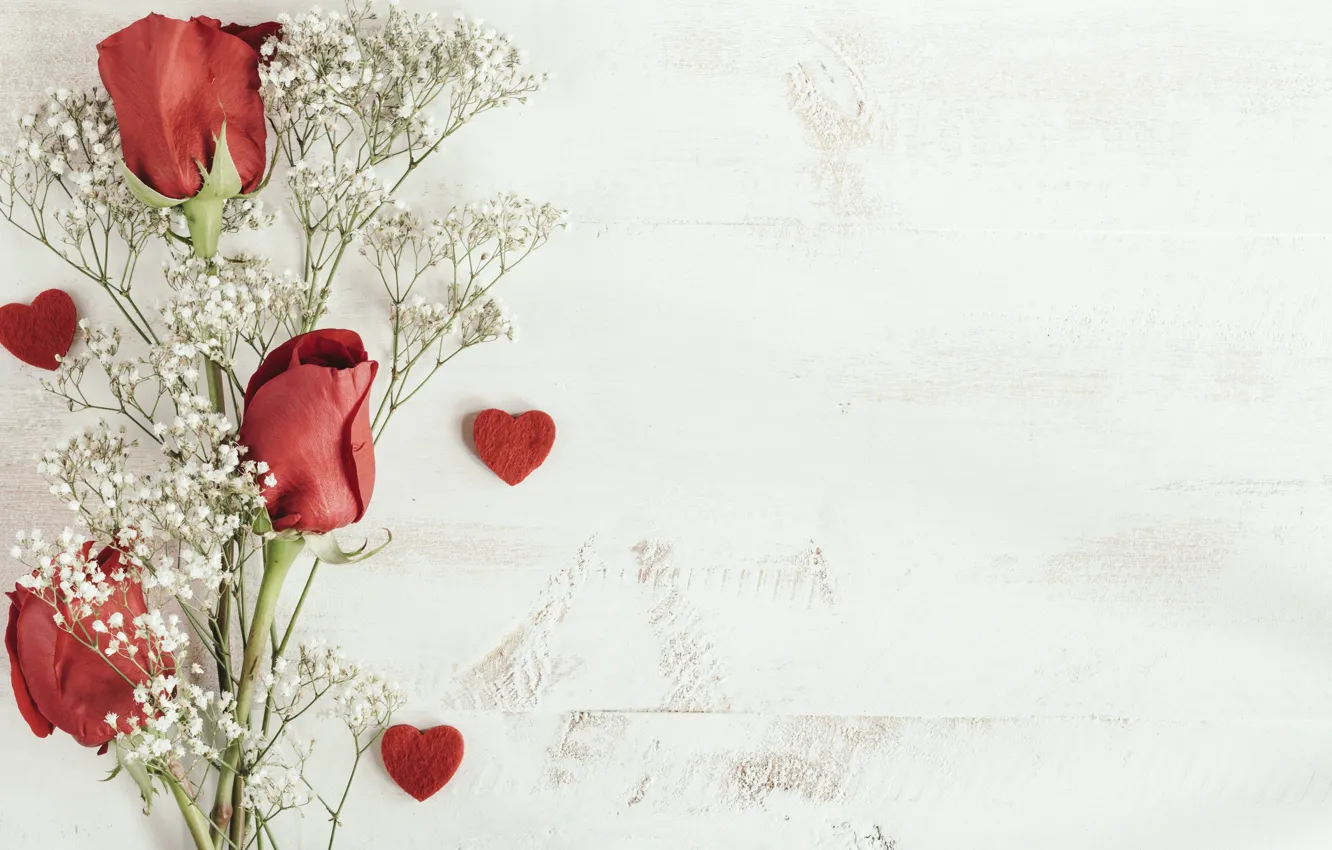 Photo wallpaper hearts, buds, twigs, Red roses