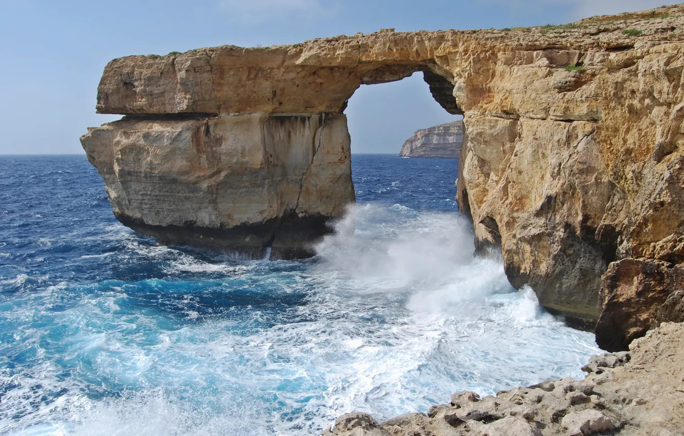 Photo wallpaper sea, wave, rocks, Malta, Gozo