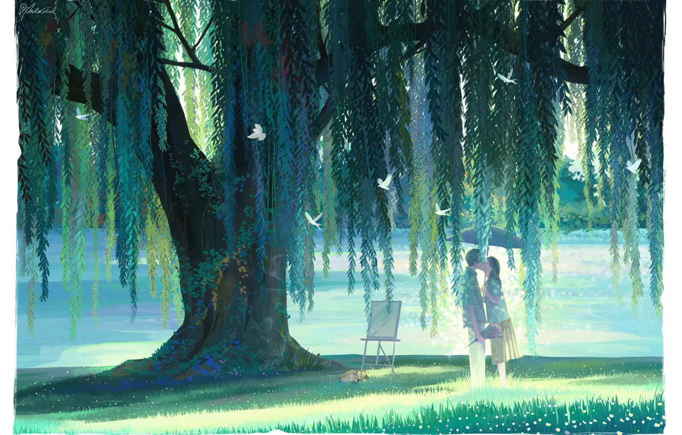 Photo wallpaper trees, nature, kiss, picture, lovers, MORNCOLOUR