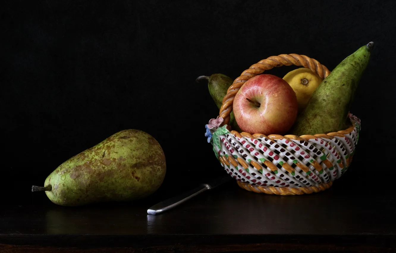 Photo wallpaper green, table, apples, knife, fruit, black background, still life, basket