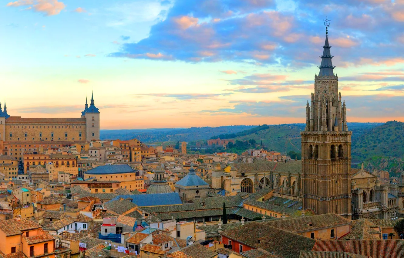 Photo wallpaper the sky, clouds, sunset, castle, tower, home, Spain, Toledo