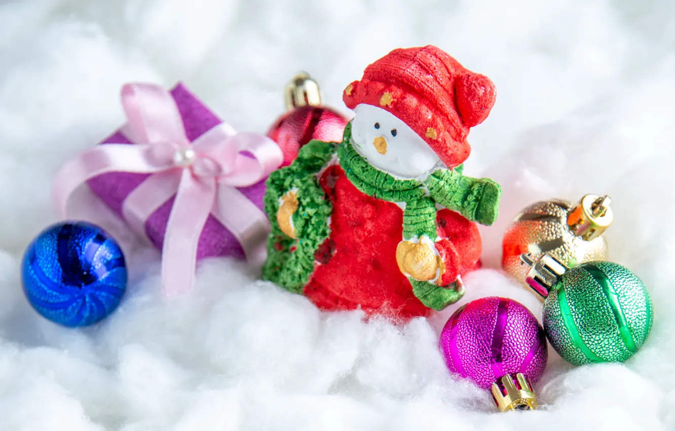 Photo wallpaper balls, snow, toy, new year, Christmas, snowman, bow, Christmas decorations