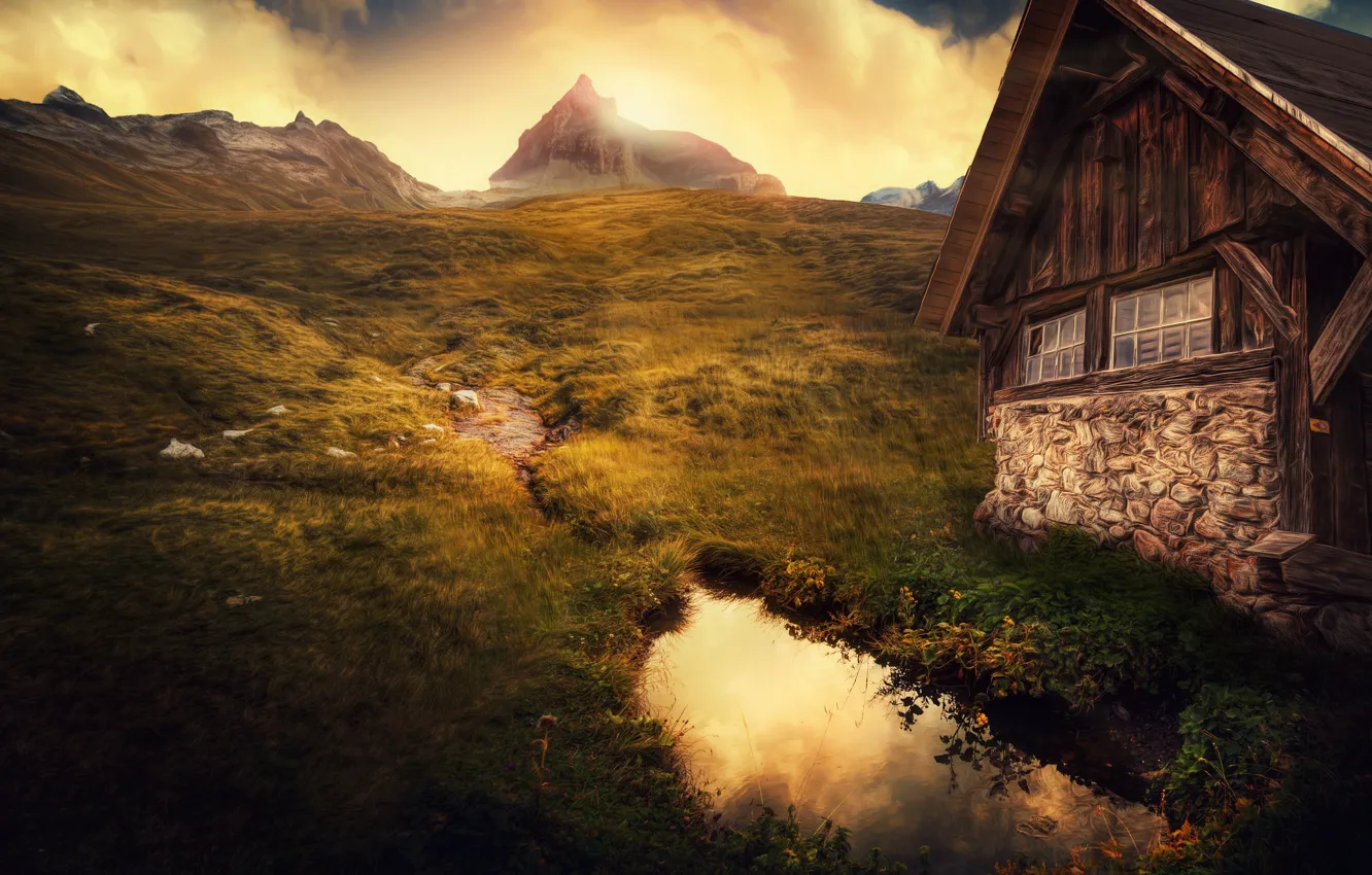 Photo wallpaper mountains, house, treatment