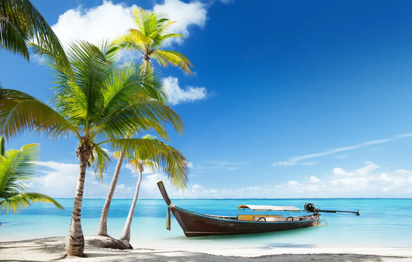 Photo wallpaper sand, sea, clouds, tropics, palm trees, boat, Barkas