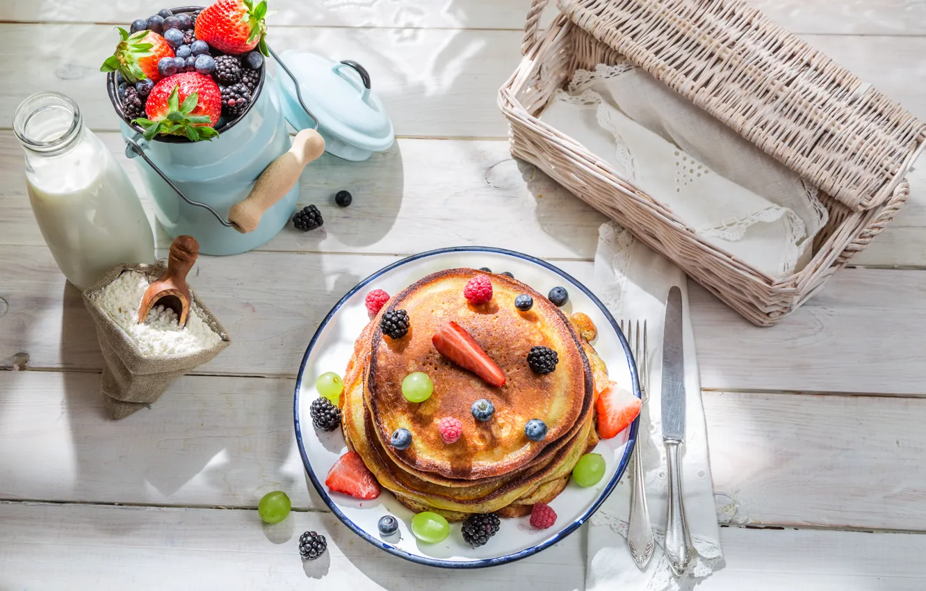 Photo wallpaper berries, Breakfast, milk, pancakes, cakes, berries, breakfast, milk