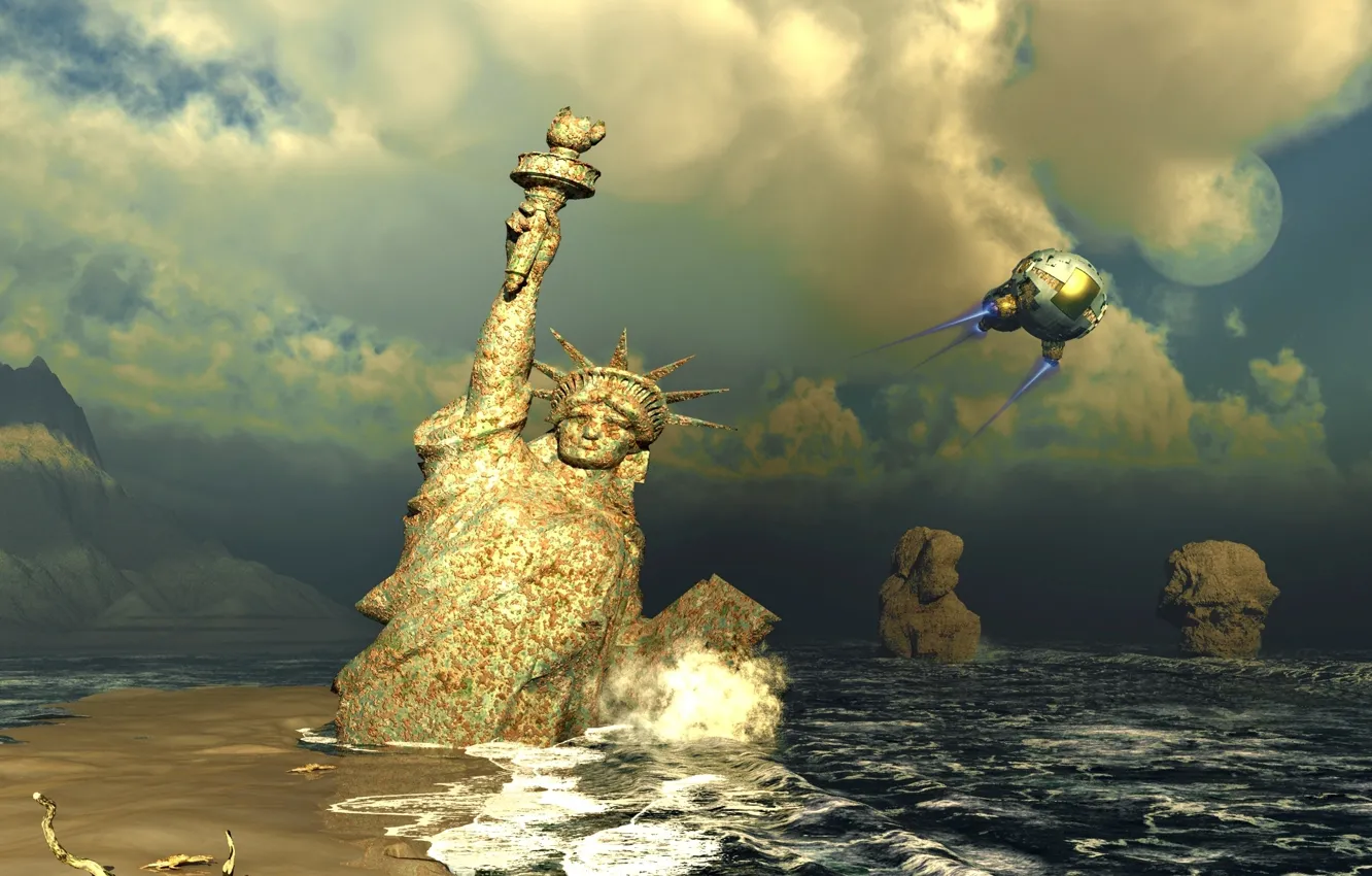 Photo wallpaper sky, ocean, water, mountain, spaceship, planet, cloud. wave, Planet of the Apes