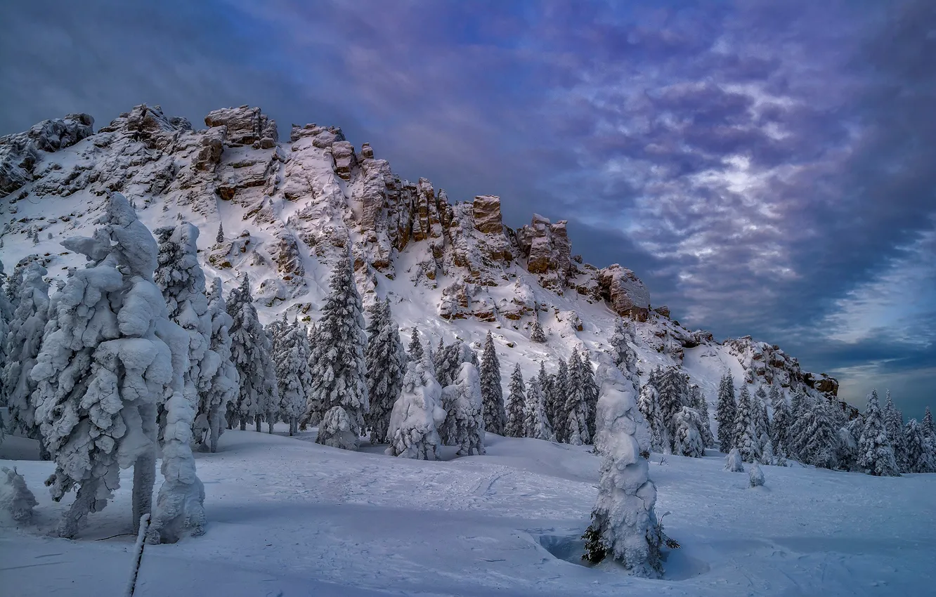 Photo wallpaper winter, snow, trees, rocks, ate, Russia