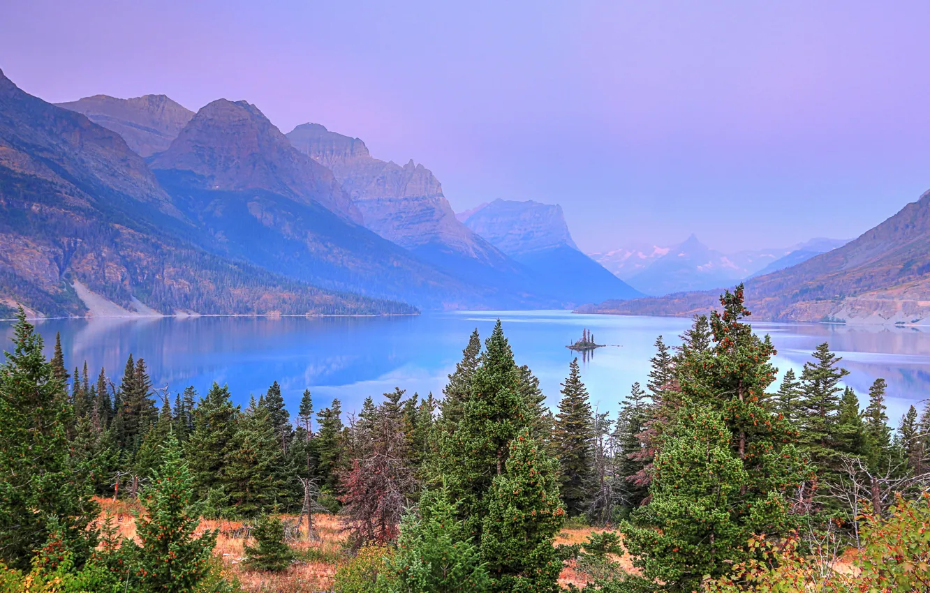 Photo wallpaper forest, trees, mountains, nature, lake, rocks, USA, Glacier National Park