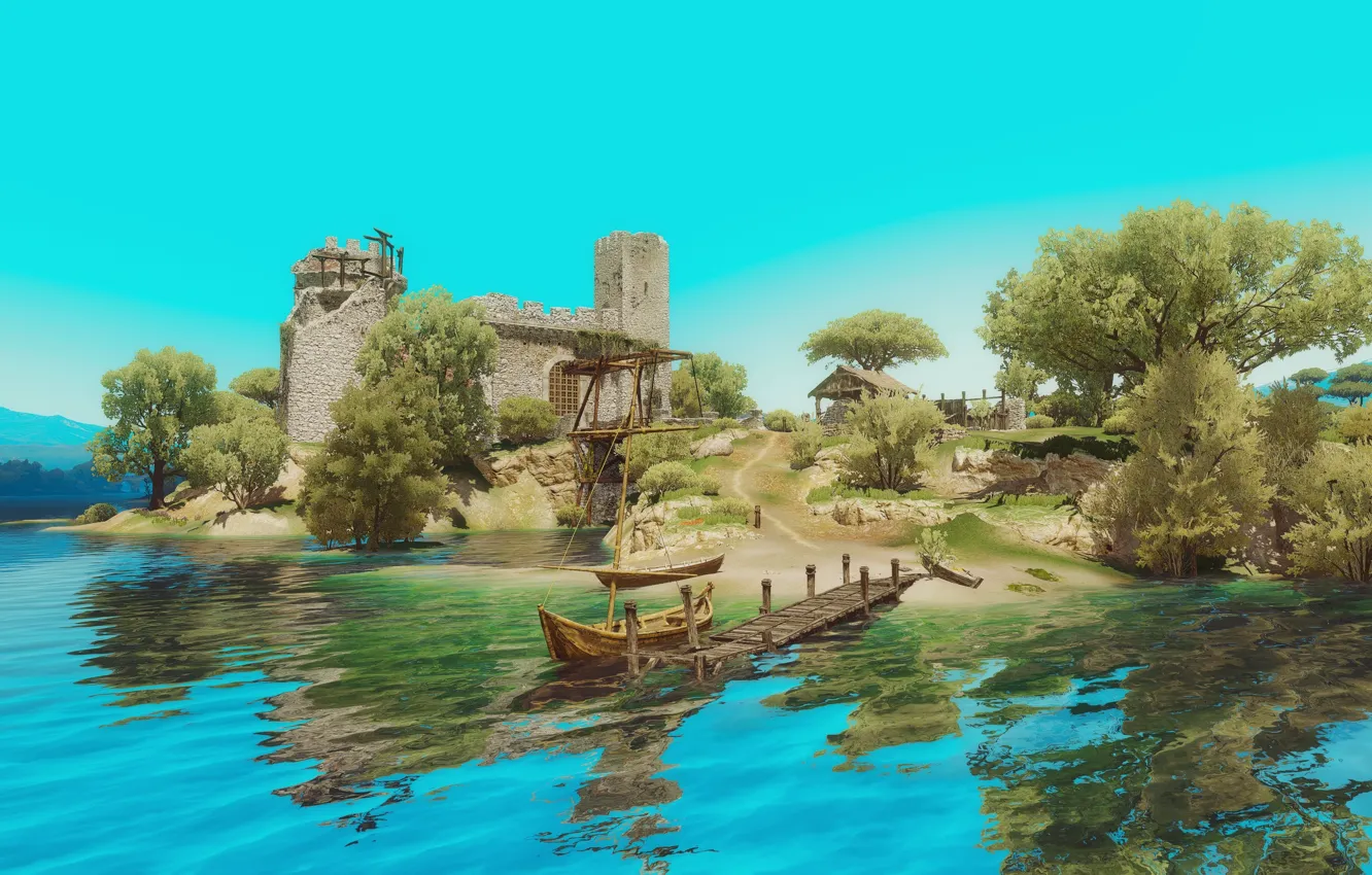 Photo wallpaper landscape, river, castle, boat, The Witcher 3, Wild Hunt