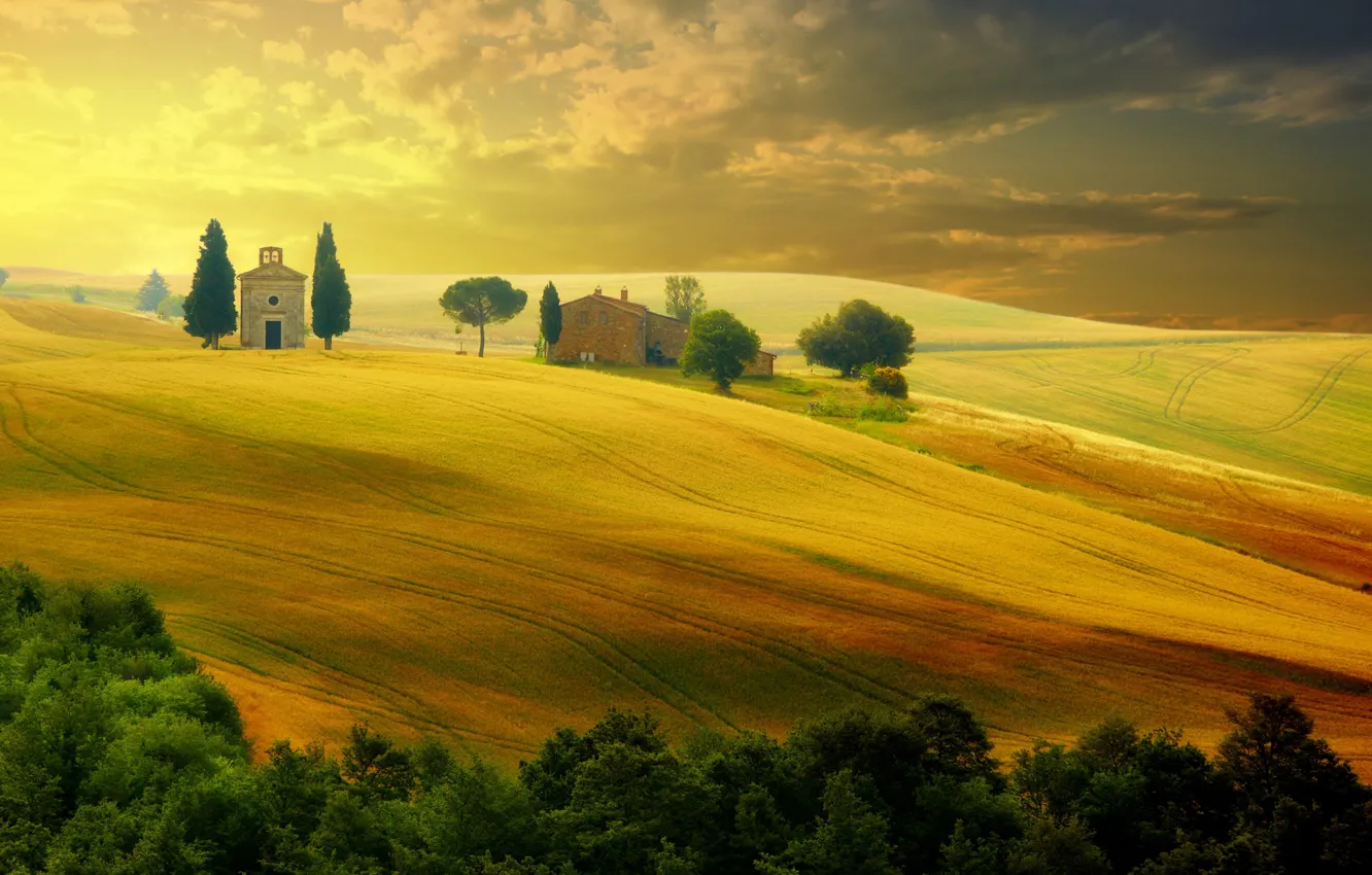 Photo wallpaper field, autumn, house, Italy, Tuscany