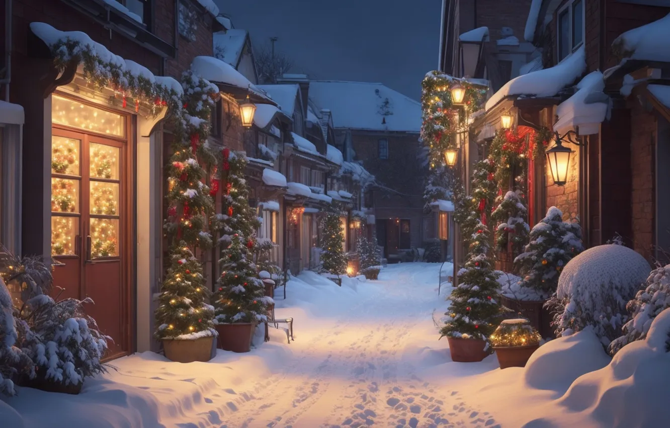 Photo wallpaper winter, snow, night, street, new year, Christmas, lights, Christmas