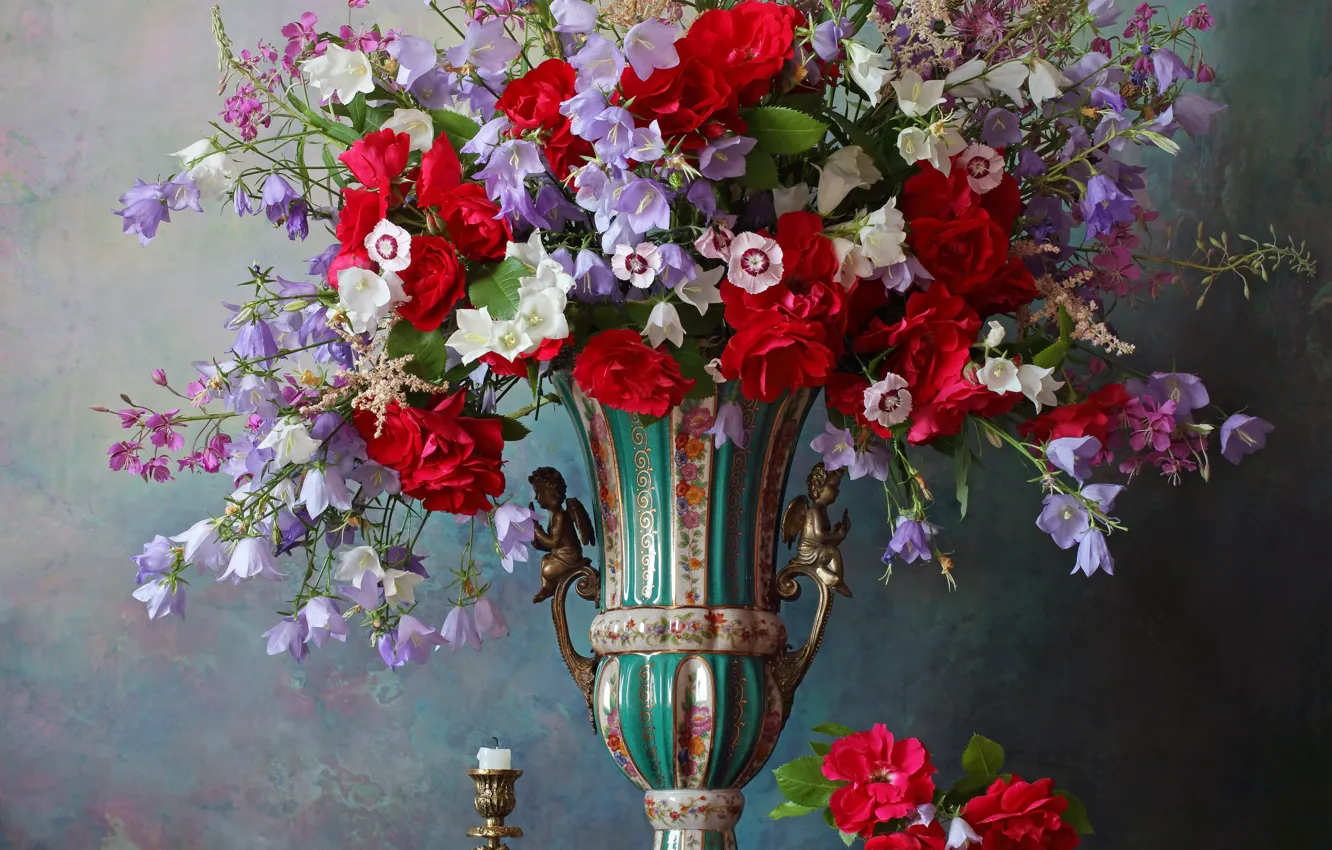 Photo wallpaper flowers, notes, roses, candle, vase, fruit, still life, bells